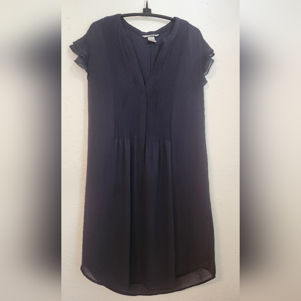 H‎ & M Navy Midi Lined Dress with Ruffle Short Sleeves, Size 12